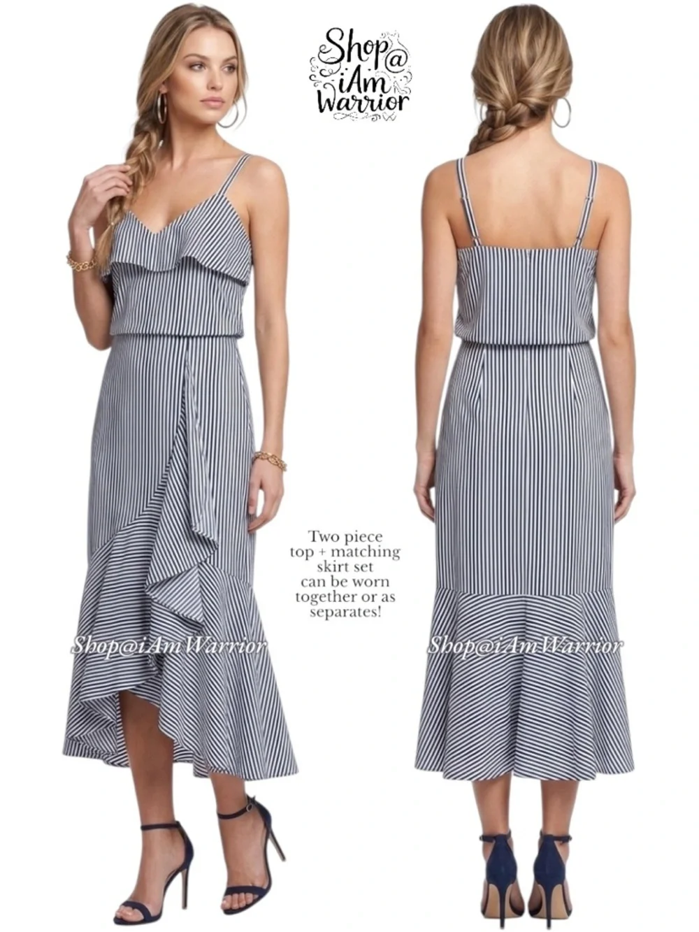 Worth NWT 2 PC blue striped ruffle top + asymmetrical mermaid skirt *iamwarrior